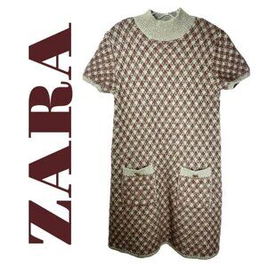 ZARA BLOGGER FAVE Wool Houndstooth Mock Neck Mini Sweater Dress,‎ Large